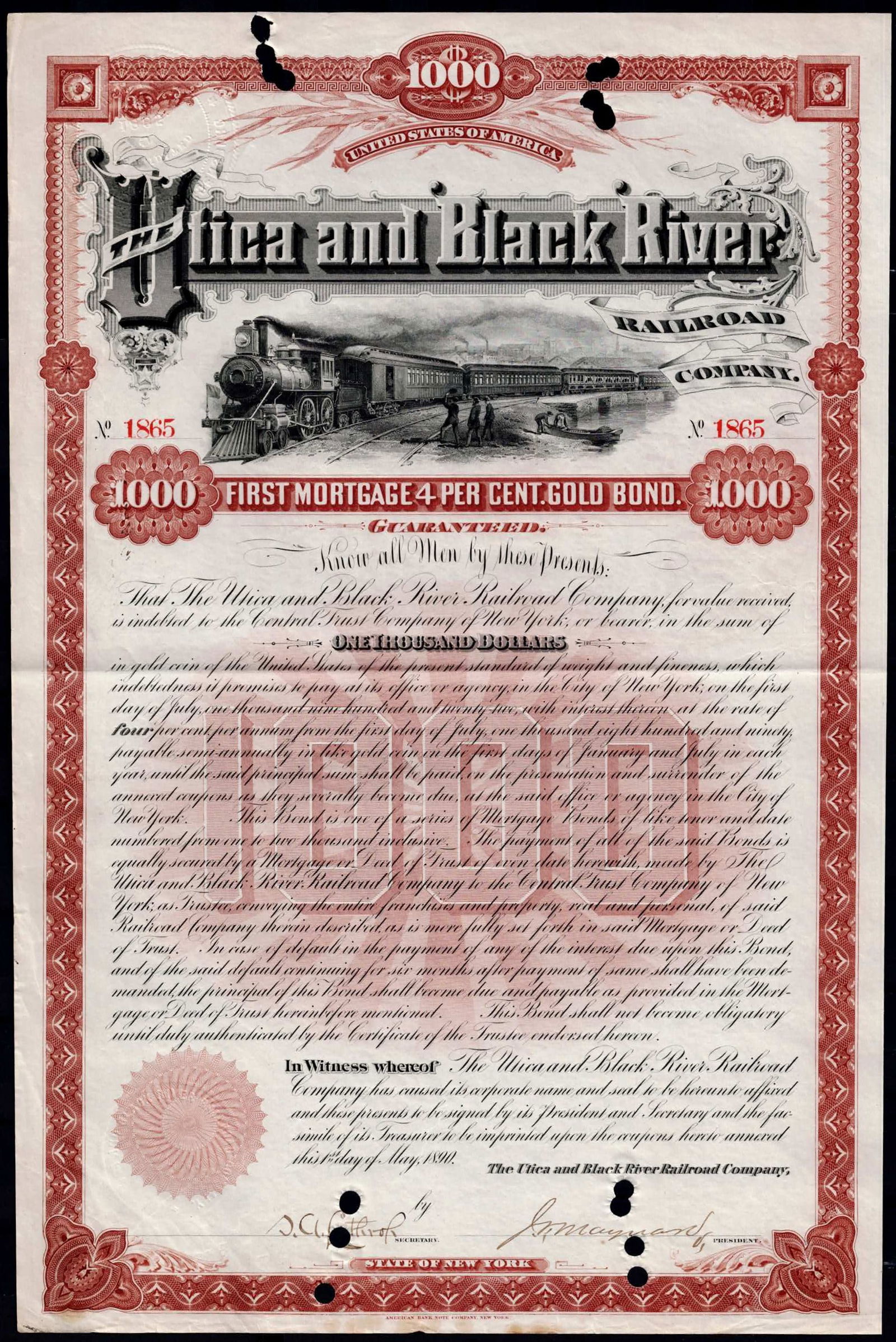 1881 Utica and Black River Railroad Company gold bond 1000 dollars (1 of 3)