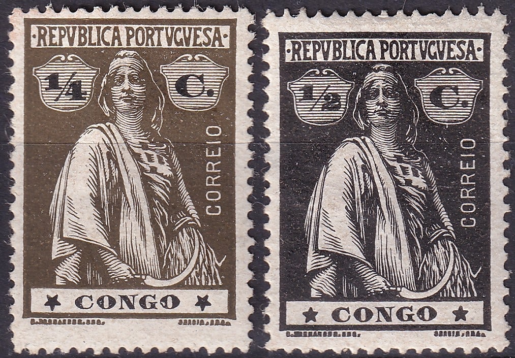 1914 Portuguese Congo Ceres Surcharges Quorter c and half c MH Scott PT-CG 99, 100: An attractive pair from the iconic Ceres issue of Portuguese Congo, issued in 1914 during the early Republican postal reforms of the Portuguese colonial empire. The classical allegorical figure of Cer