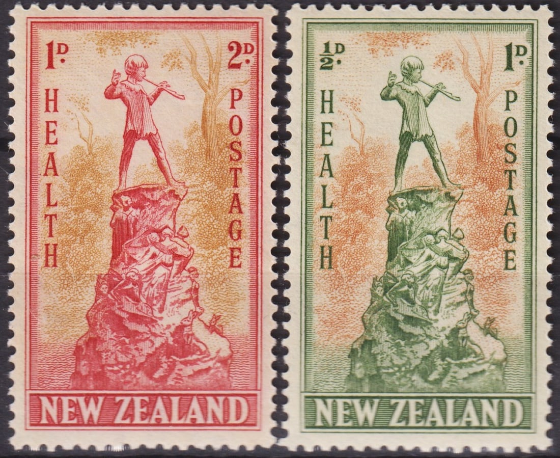 British New Zealand 1945 Health Stamps Peter Pan Set Scott B27-B28 MNH: This pair of New Zealand semi-postal Health stamps, issued on October 1, 1945, features the beloved figure of Peter Pan standing on a rock with children around the base, symbolizing health, protection