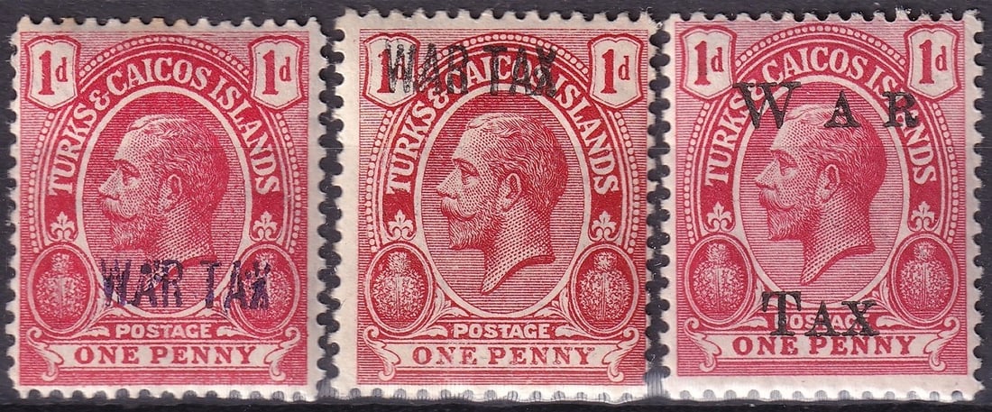 1917 Turks and Caicos Islands War Tax Scott MR1 and MR12 one penny: This attractive group of War Tax overprints from Turks and Caicos Islands brings together three examples of the one penny King George V definitive adapted for fiscal needs during and after the First W