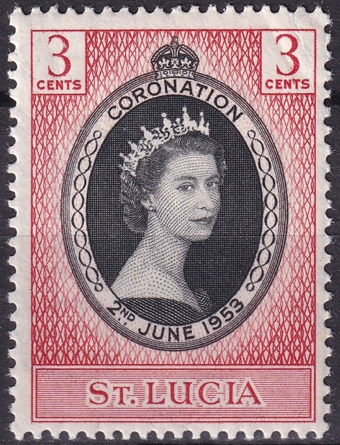 St. Lucia 1953 Coronation 3c Carmine & Black, Scott 156: This commemorative 3 Cents stamp of Saint Lucia, issued on 2 June 1953 for the Coronation of Queen Elizabeth II, corresponds to Scott 156, Michel LC 145, Yvert et Tellier 154 and Stanley Gibbons 171.