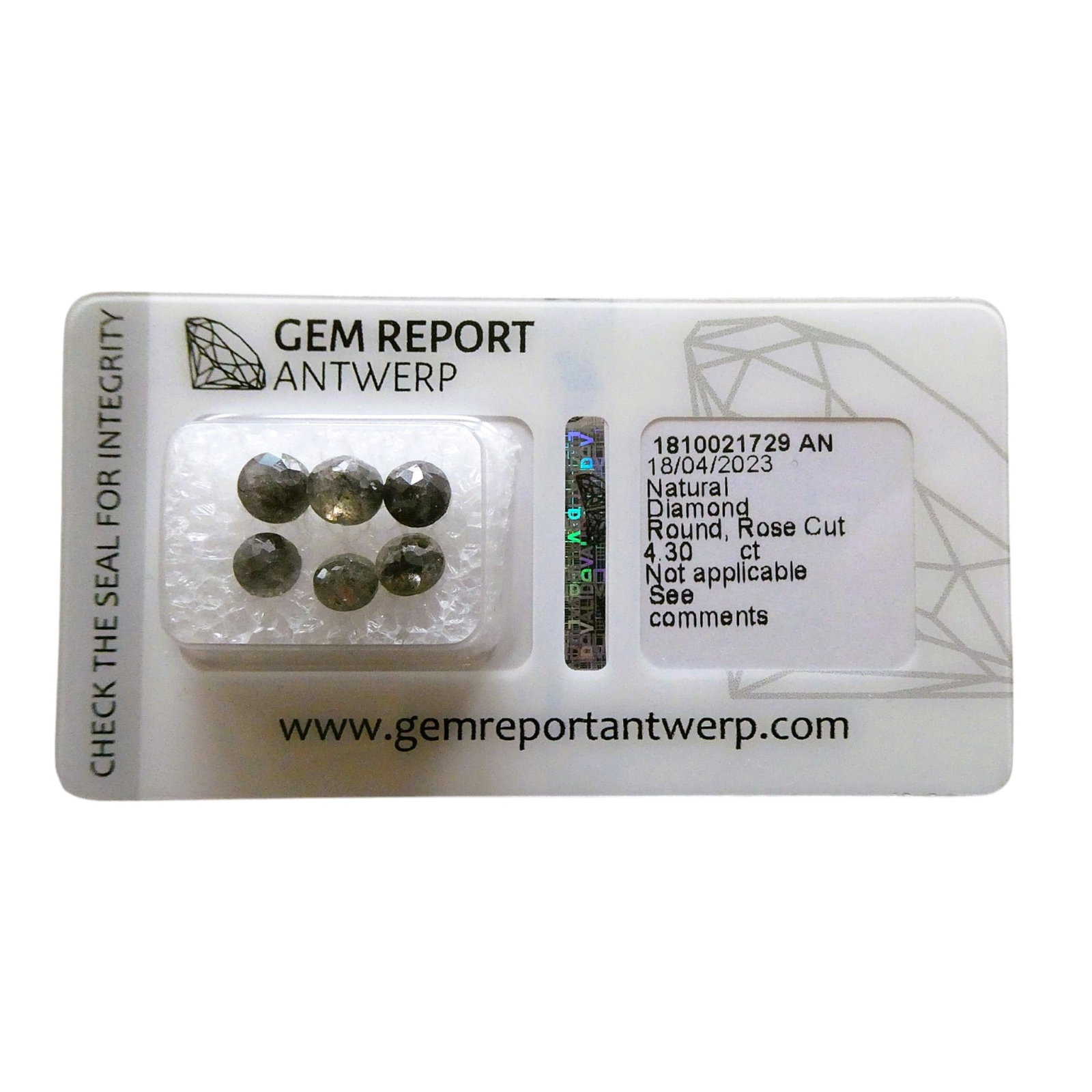 Antwerp Certified Natural Fancy Gray-Greenish Gray Diamonds 4.30 ct Set: An elegant and rare collection of six certified natural fancy diamonds, authenticated by Gem Report Antwerp under report number 1810021729 AN, issued April 18, 2023. The set comprises six round rose-c