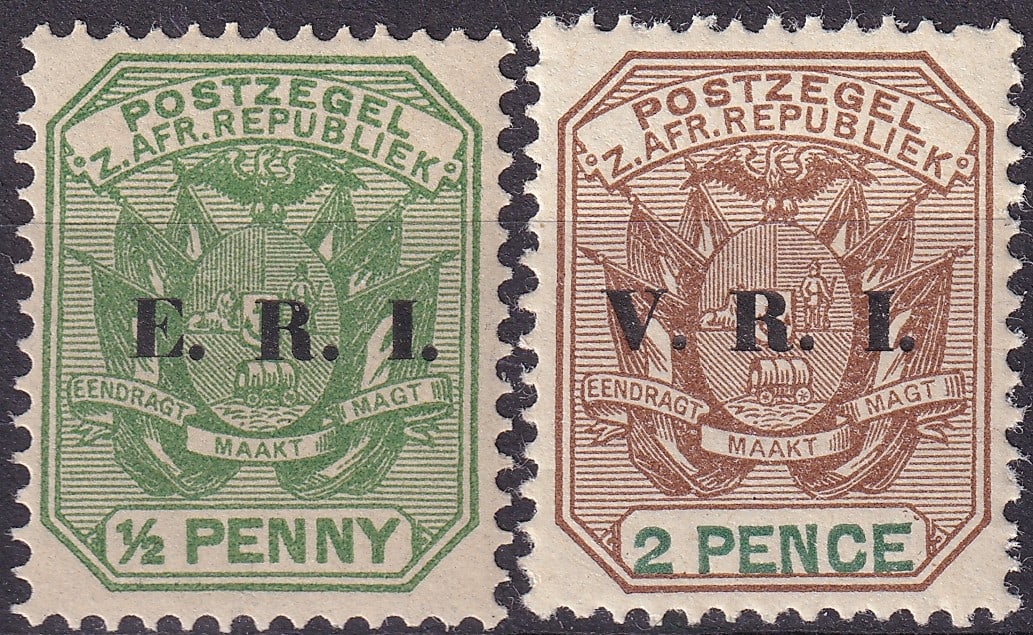 Transvaal 1900–1901 ERI Half Penny and VRI Two Pence Overprints Scott 247 and 228a Mint: This pair of Transvaal overprinted issues from 1900–1901 represents two historically significant provisional stamps produced during the late Boer War, when administrative control shifted between the