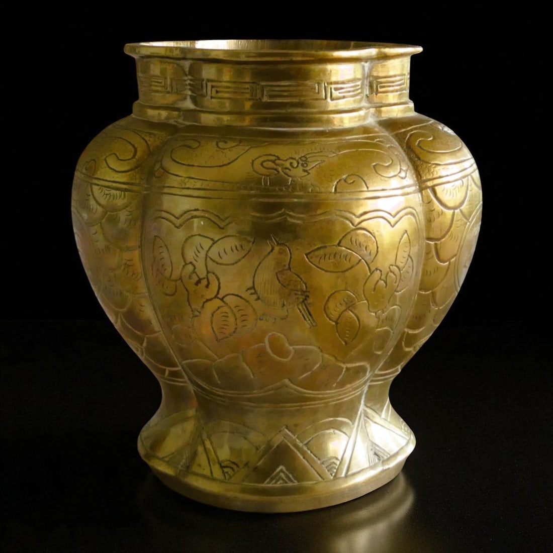 Ornately Engraved Chinese Brass Vase with Floral Rim and Bird Motifs, c. 1900: This ornately engraved Chinese brass vase dates to circa 1900 and exemplifies the refined decorative metalwork of the late Qing dynasty period. Measuring approximately 13.5 cm in height and 12.5 cm in