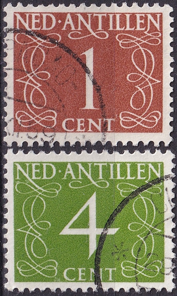 1950–1959 Netherlands Antilles Numbers Definitives 1¢ & 4¢ (Scott AN208 & AN212A): Offered here is a pair from the Netherlands Antilles “Numbers” definitive series, issued respectively in 1950 and 1959 and designed by the renowned Dutch typographer Jan van Krimpen, whose ref