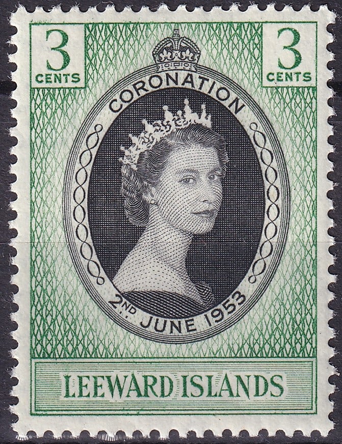 British colonial 1953 Leeward Islands Coronation 3c Scott GB LW 132: This 1953 Leeward Islands 3 cents commemorative stamp was issued to mark the coronation of Queen Elizabeth II on 2 June 1953 and represents one of the most elegant West Indian colonial portrait engrav