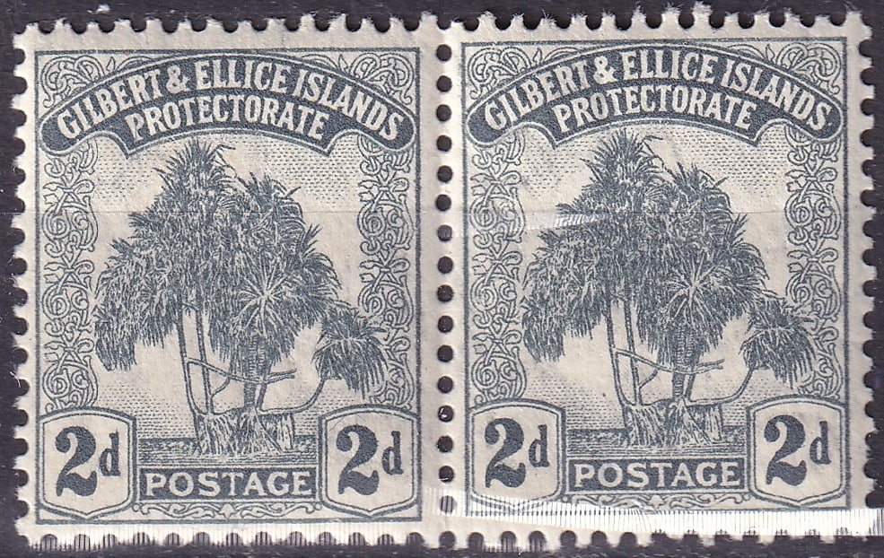 British colony 1911 Gilbert & Ellice Islands 2d Grey MNH Pair, Pandanus Tree, SG 10: Issued on 11 February 1911, this mint never hinged horizontal pair from the Gilbert & Ellice Islands Protectorate represents one of the earliest definitive issues following the territory's formal post