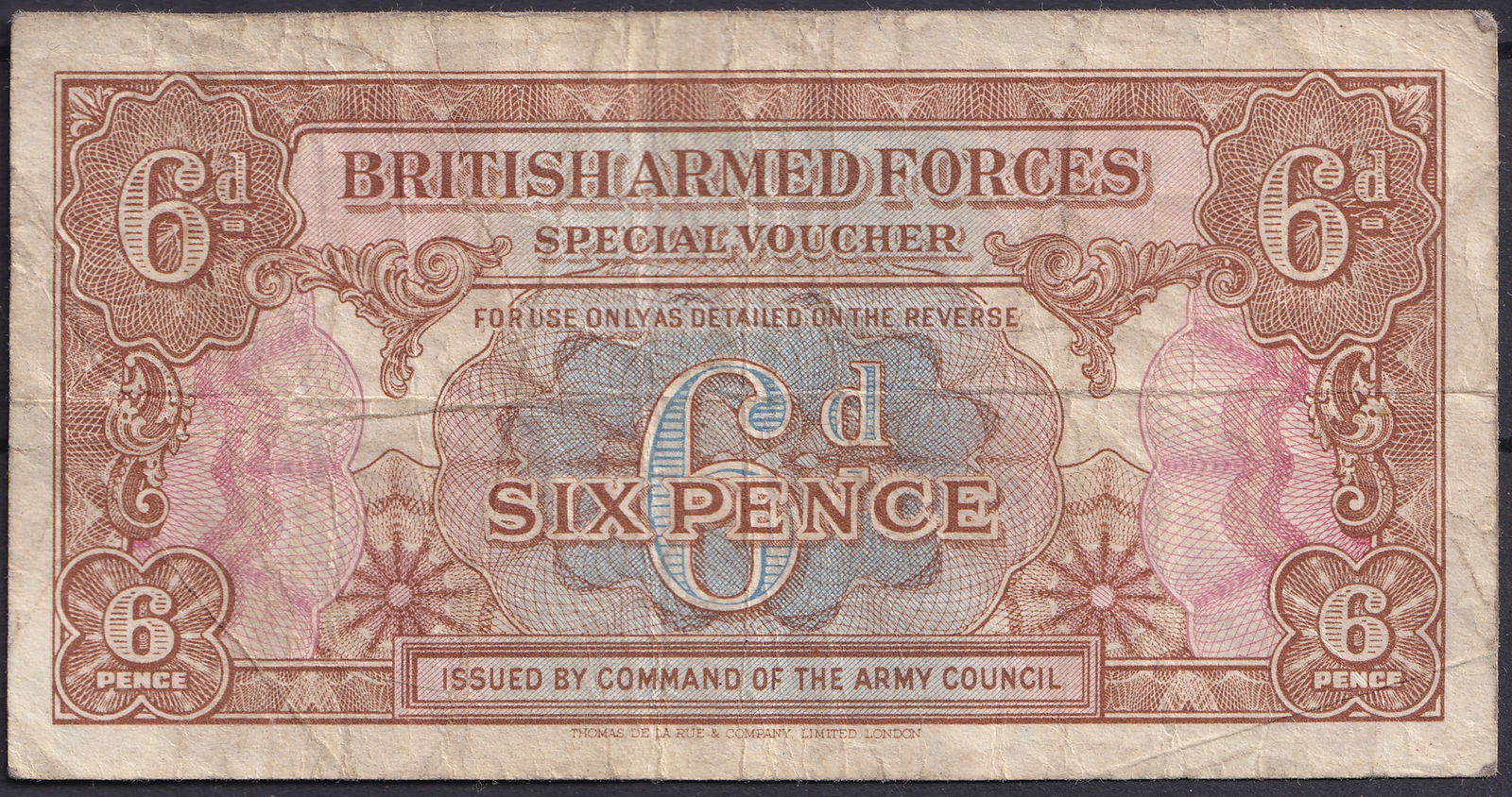 1948 British Armed Forces 6 Pence Special Voucher – Canteen Issue (BAF 6d): This British Armed Forces Special Voucher of 6 Pence, issued in 1948 under the authority of the Army Council, represents one of the most recognizable military canteen notes of the post-war era. Printe