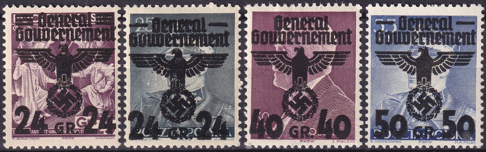Poland WWII Generalgouvernement Overprint Set 24gr 24gr 40gr 50gr Scott PL N40 N30 N31 N32: This desirable group presents four mint stamps issued in 1940 under the German occupation of Poland within the Generalgouvernement administration, each bearing the characteristic black overprint featu
