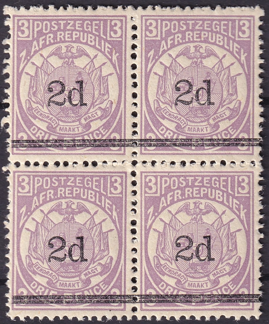 Transvaal 1887 Coat of Arms 2d Surcharge on 3d Lilac Scott 141 Block of Four Mint (1 of 2)