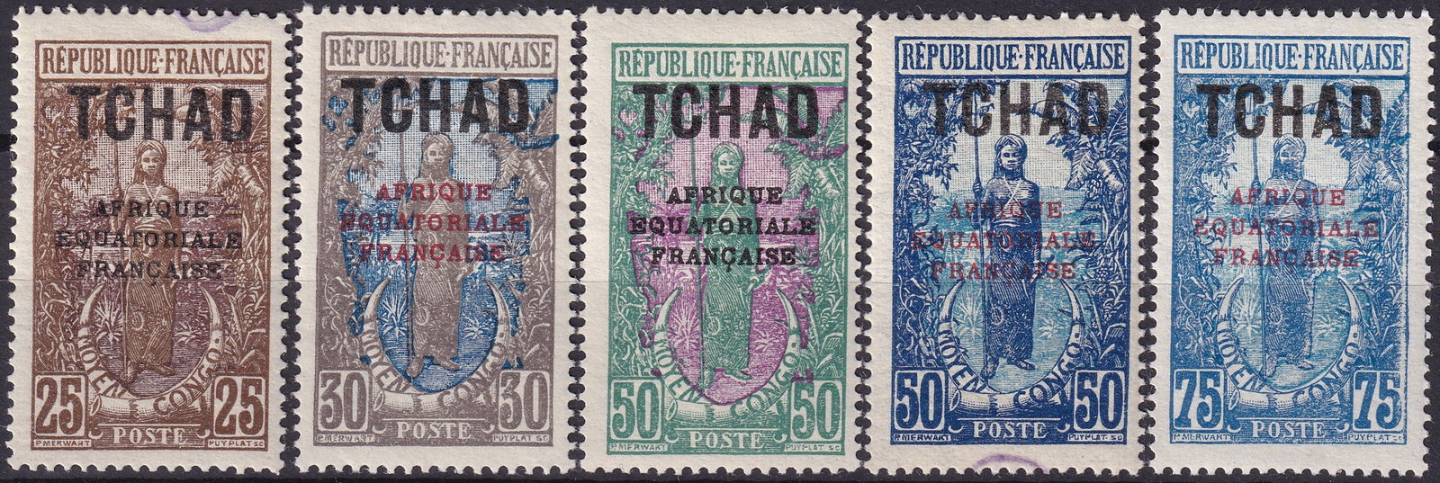 Chad 1924 1925 Allegorical Woman Definitives Overprint Set Scott TD29 TD31 TD36 TD40 TD37: This compelling group of high value engraved definitives issued for Chad between 1924 and 1925 presents five striking overprinted stamps derived from the celebrated allegorical design originally creat