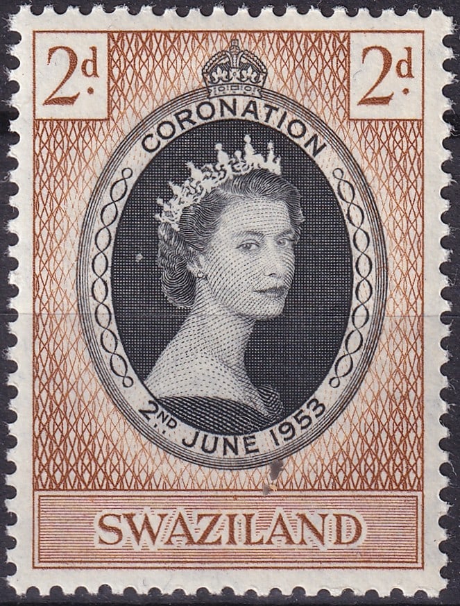 British colonial 1953 Swaziland Coronation 2d Scott SZ 54: This 1953 Swaziland 2 pence commemorative issue was released to mark the coronation of Queen Elizabeth II on 3 June 1953 and forms part of the British Commonwealth omnibus series produced for the hist