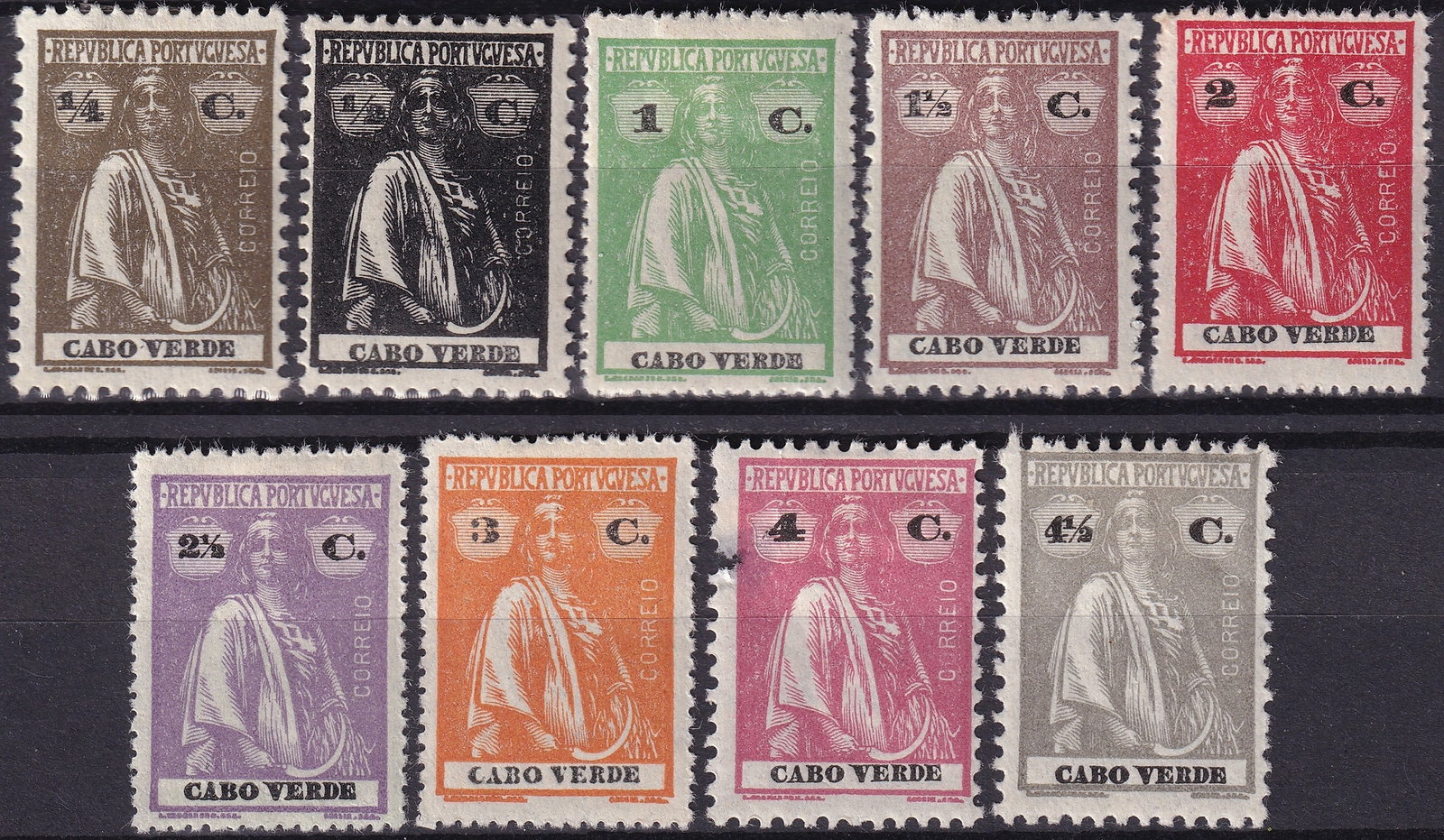 Portuguese 1914 Cape Verde Ceres quarter centavo SG CV 174 to 288: This Cape Verde Ceres issue from 1914 belongs to the iconic republican series portraying the classical allegorical figure symbolizing agriculture and renewal during the early years of the Portuguese R
