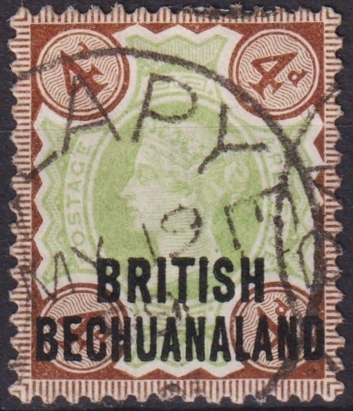 1891 British Bechuanaland 4d Queen Victoria Overprint Scott #35: This rare 1891 issue from British Bechuanaland represents the colonial adaptation of Great Britain’s definitive stamps for use in Southern Africa. The stamp is printed in a striking combination of p