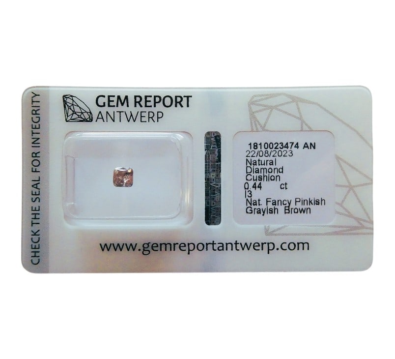 Antwerp Fancy Pinkish Brown Diamond, 0.44 ct, Cushion Cut: This certified natural diamond, issued by the Gem Report Antwerp on August 22, 2023, is a 0.44-carat specimen of notable rarity and appeal. Expertly cut in a cushion shape, the stone measures 3.86 x 3