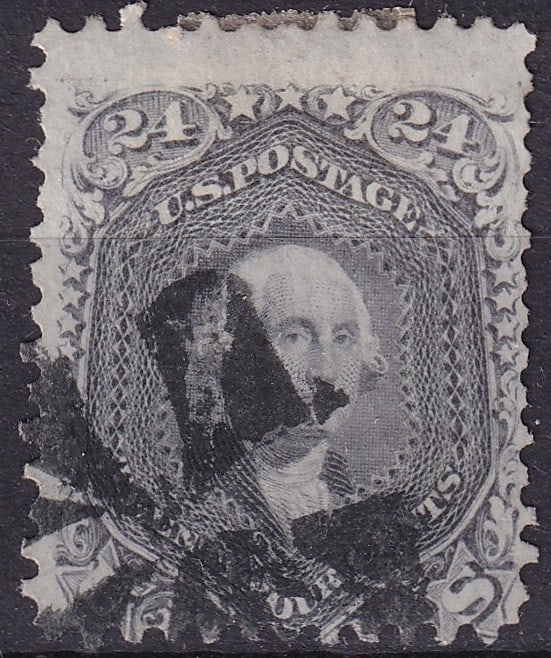 US 1863 National Bank Note Co 24c blackish violet, Geometric cancel Chicago, Scott US 78c: This 24 cent stamp from the 1861–1866 definitive issue, engraved in a blackish violet hue, features a meticulously rendered portrait of George Washington, the first President of the United States, f