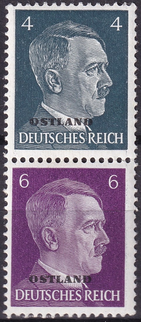 German occupation 1941 Ostland German Occupation Se-tenant Pair Scott S1: This 1941 Ostland se-tenant pair represents a scarce vertically joined typographed issue produced for the German occupation administration in the Soviet territories during the Second World War. Printe