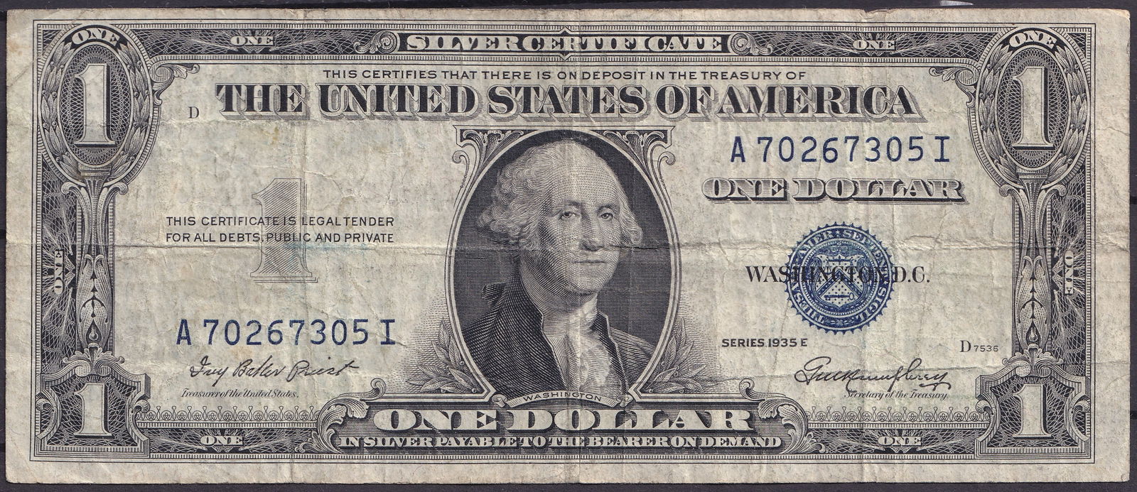 USA 1935E $1 Silver Certificate – Serial A70267305I (1 of 2)