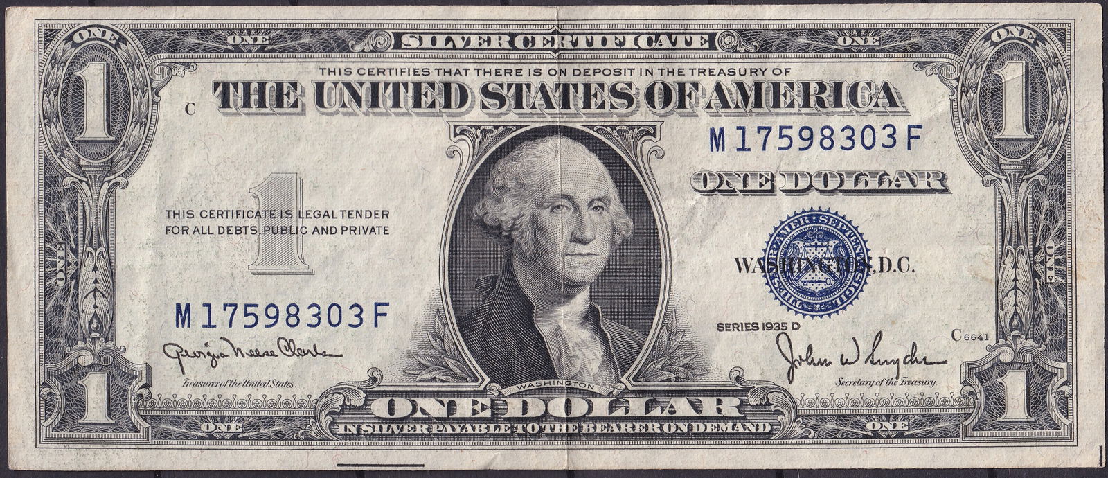 United States 1935D $1 Silver Certificate – Blue Seal – Washington Portrait (1 of 2)