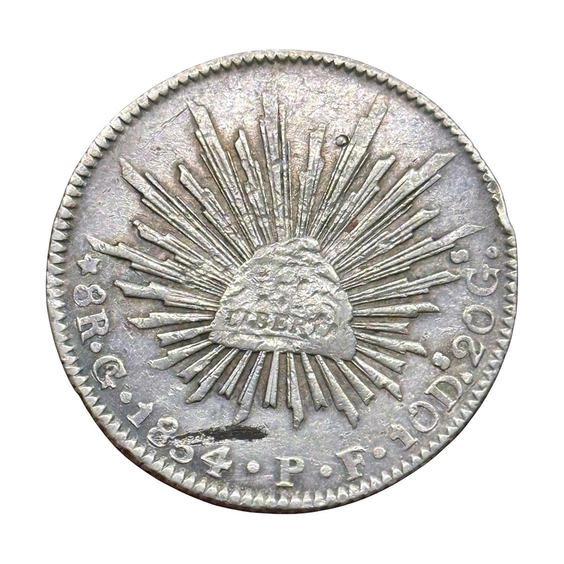 Mexico Silver 8 Reales Liberty Cap Sun Rays 1834 PF historic trade coin: This attractive silver 8 Reales dated 1834 and struck with the PF mint signature belongs to the classic series of the Mexican Federal Republic and represents one of the most important trade coins of t