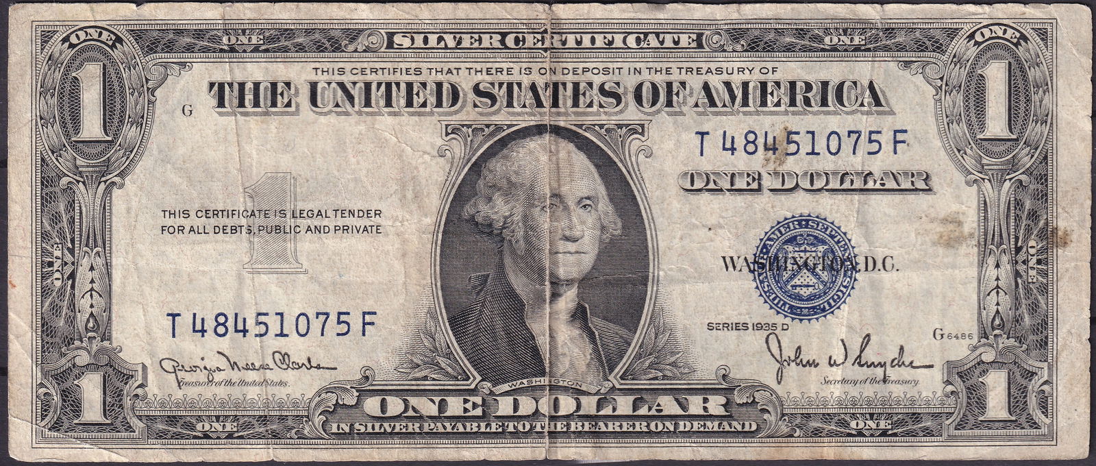 United States $1 Silver Certificate 1935D Blue Seal (1 of 2)