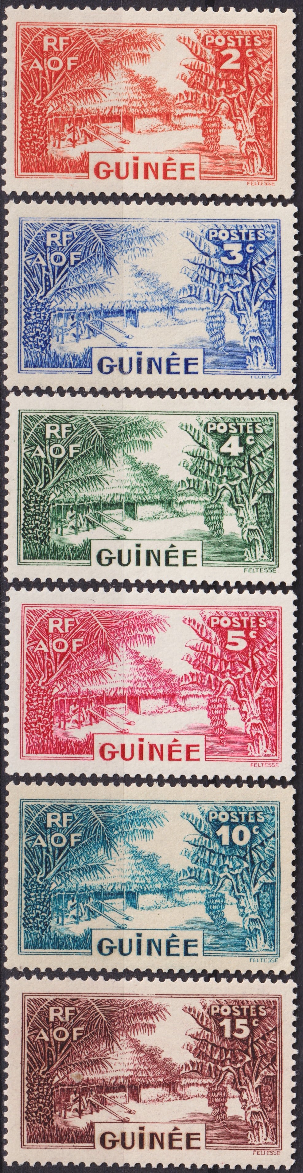 French Guinea 1938 Weaver of Fouta Djalon 2c–15c Scott #125–130 MNH Set: Issued in 1938 as part of the definitive series for French Guinea, the “Weaver of Fouta Djalon” stamps depict a traditional hut beneath palm trees, symbolizing both the cultural traditions and