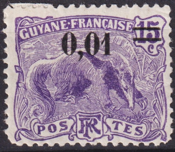French Guiana 1922 Anteater Issue, Scott #94, surcharge 0.01F on 15c violet: An important colonial issue from French Guiana, featuring the striking design of the giant anteater, originally engraved by Jules-Jacques Puyplat and Pawel Merwart, here surcharged in 1922 with the