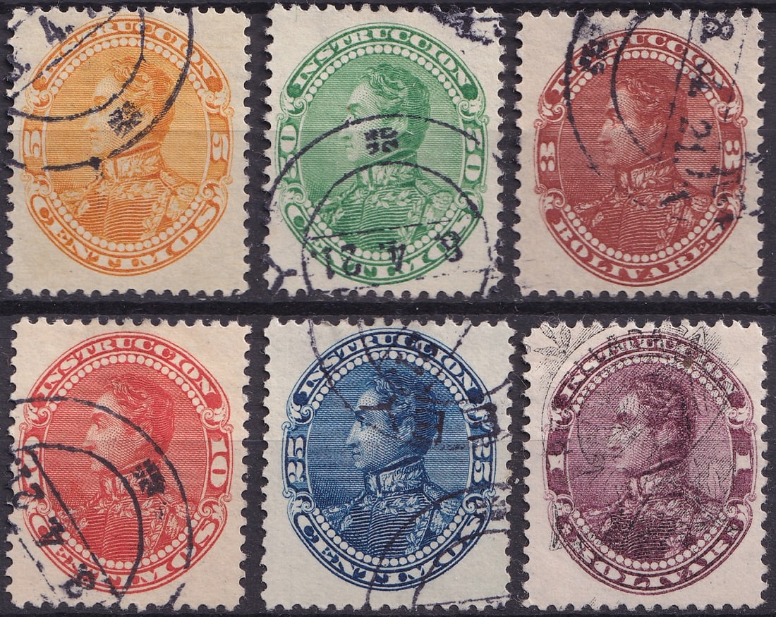 Venezuela Scott 132, AR22, AR24, AR25 Instrucción Bolívar Set 1893–1901 Used: A fine and colorful assembly of six used stamps from Venezuela’s iconic Instrucción - Bolívar postal fiscal series issued between 1893 and 1901, engraved and printed by the American Bank Note Comp