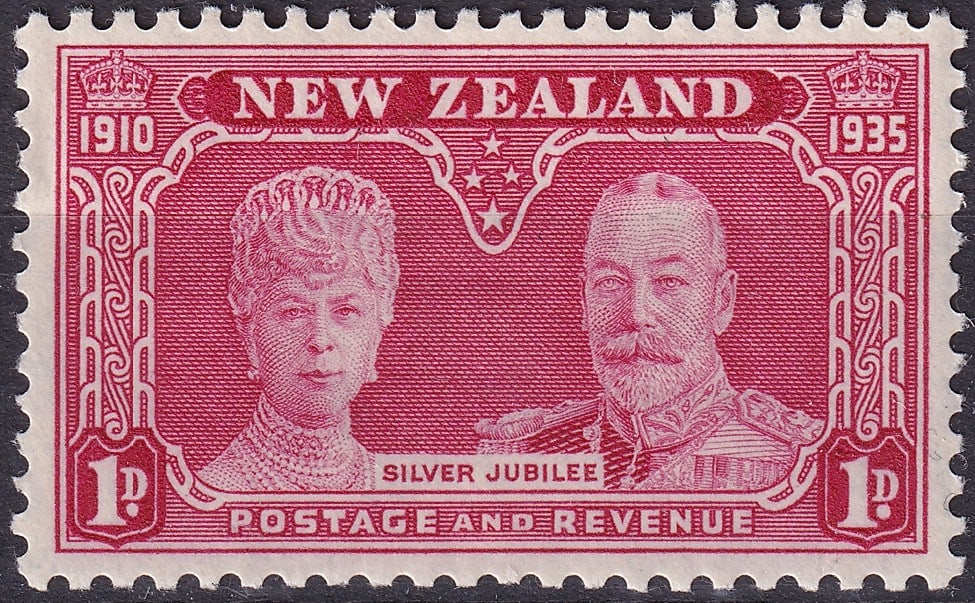 New Zealand 1935 King George V Silver Jubilee 1d Carmine Scott NZ 200: Issued on May 7 1935 this 1 penny carmine commemorative from New Zealand celebrates the Silver Jubilee of King George V marking twenty five years of reign from 1910 to 1935. Designed in the classical