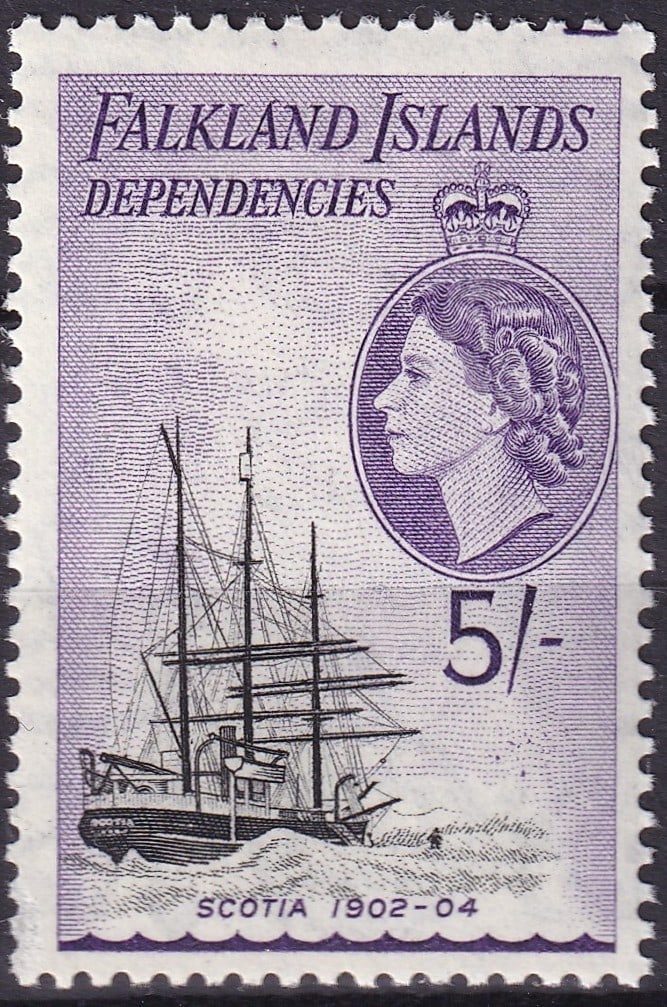 1954 Falkland Islands Dependencies Queen Elizabeth II Scotia Ship 5s: This lot presents the 1954 Falkland Islands Dependencies definitive stamp depicting Queen Elizabeth II and the polar research vessel Scotia, issued as part of the Ship Definitives series for the Depen