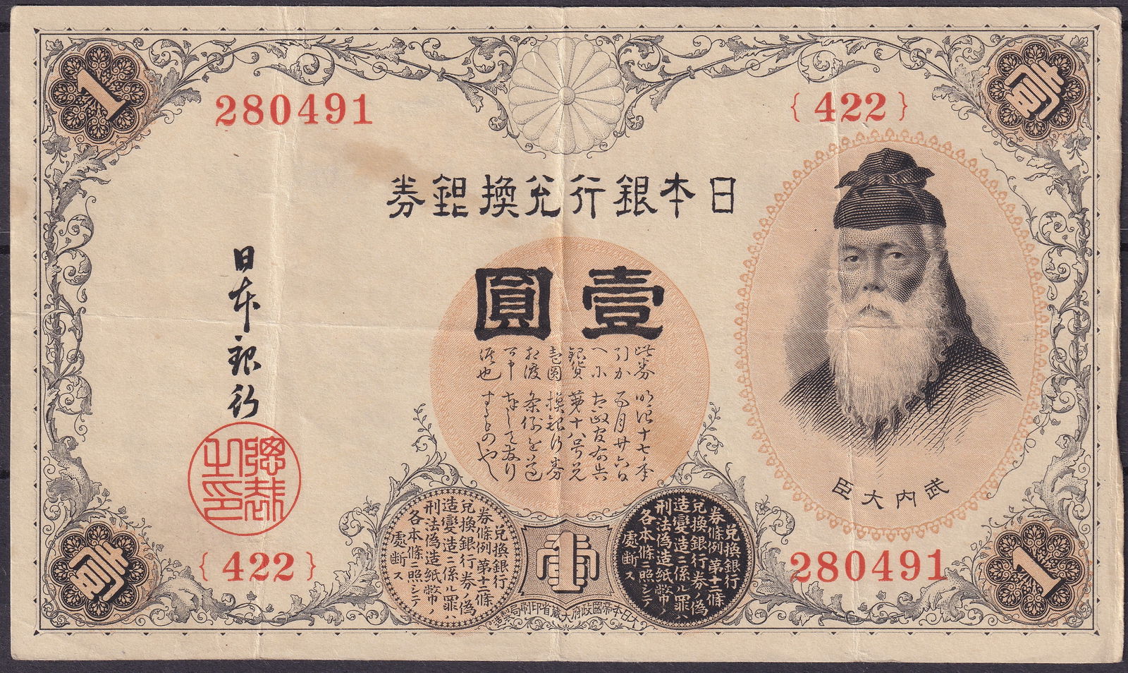 Japan 1930 1 Yen Silver Convertible Note, Itagaki Taisuke Portrait, P-32 Series 422: Issued around 1930 by the Bank of Japan, this 1 Yen note belongs to the silver-convertible series featuring a finely engraved portrait of Itagaki Taisuke, leader of Japan’s Freedom and People’s Ri