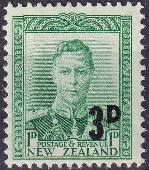1952 New Zealand King George VI 3d Overprint, Scott 279: An attractive and historically significant definitive stamp issued in 1952 by New Zealand, denominated 3 pence, green, produced by Bradbury, Wilkinson & Co. Ltd using engraved printing. This issue bel
