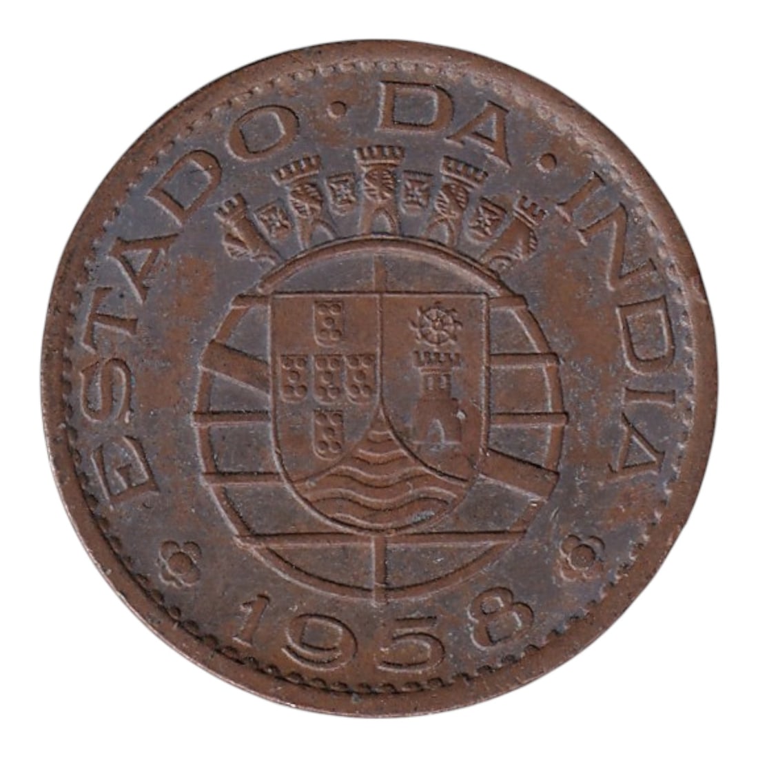 Portuguese India 1958 Bronze 30 Centavos, KM# 30, Estado da India: Struck in 1958 at the Casa da Moeda de Lisboa for the Estado da ?ndia, this bronze 30 Centavos coin represents one of the final circulating issues of Portuguese India before its annexation by India in
