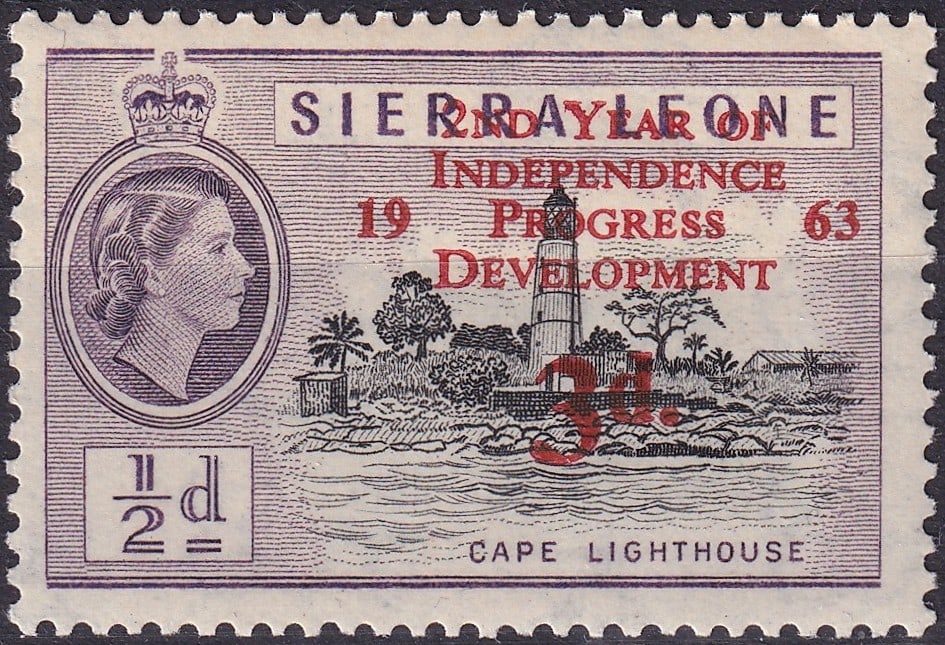 1963 Sierra Leone Independence Scott SL 242 Cape Lighthouse Overprint: Issued on 27 April 1963 by Sierra Leone, this commemorative stamp marks the second year of national independence and reflects the early postcolonial identity of the state within the Commonwealth frame