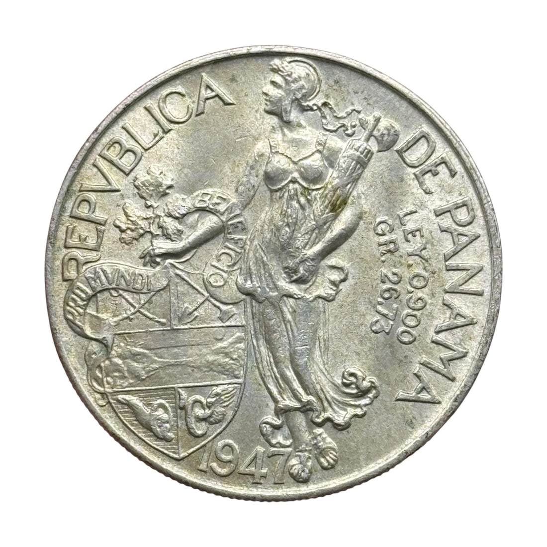 1947 Panama One Balboa silver coin N18304 VF: This 1947 One Balboa from the Republic of Panama is part of the important mid twentieth century silver series struck in fine 900 silver with a weight of 26.73 grams and a diameter of 38.1 mm and catal