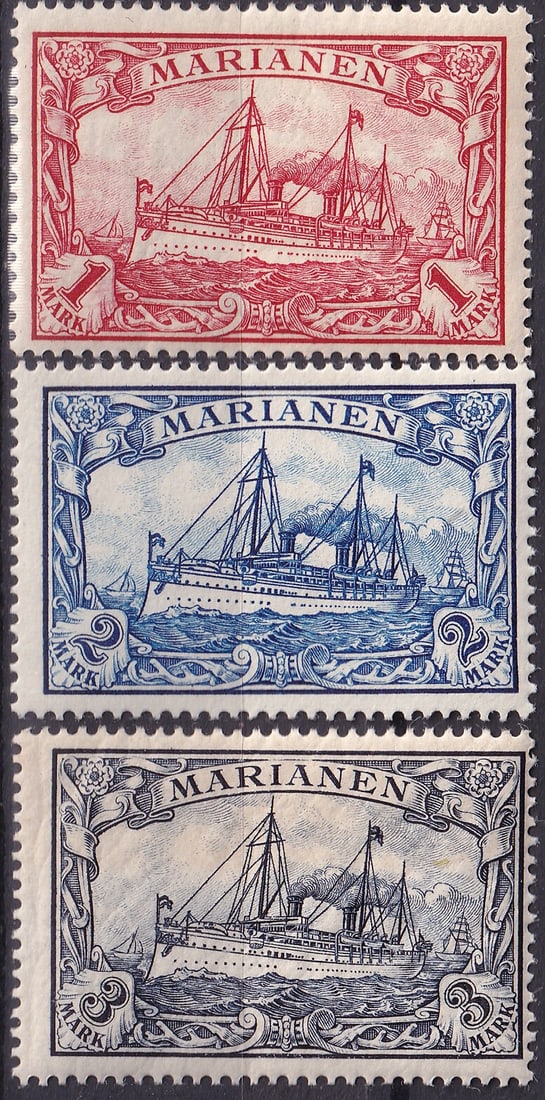 1901 German Mariana Islands Yacht Series Scott DR MAR 26 27 28: This attractive and historically significant trio originates from the German administration of the Mariana Islands and forms part of the celebrated Yacht Hohenzollern definitive series issued in 1901.