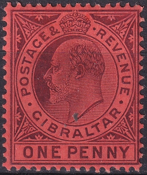1905 Gibraltar King Edward VII One Penny Scott GI 57: This Gibraltar one penny definitive stamp was issued on 16 September 1905 as part of the King Edward VII definitive series produced between 1904 and 1908 and represents the standard postal issues of t