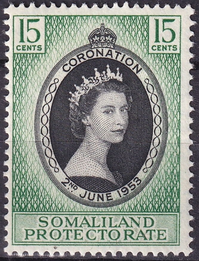 1953 British Somaliland Queen Elizabeth II Coronation 15c Scott 127: This lot presents a 15 cents commemorative stamp issued on 2 June 1953 for the Somaliland Protectorate to mark the coronation of Queen Elizabeth II, cataloged as Scott 127. The stamp forms part of the