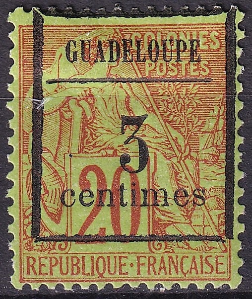 French colonial 1889 Guadeloupe Type Alphe Dubois 3c on 20c Scott 8: Issued in 1889 for the French colony of Guadeloupe, this definitive stamp belongs to the Type Alphe Dubois series, a classic colonial design widely admired for its allegorical richness and fine typogr