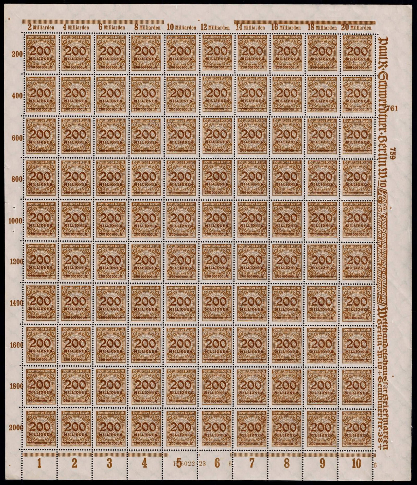 Post War Germany 1923 Inflation Numeral Full Sheet MNH Michel DR 323BPHT: Issued on 5 November 1923 during the final and most extreme phase of German hyperinflation, this full mint sheet of the 200000000 Reichsmark Numeral definitive belongs to the Inflation Series produced