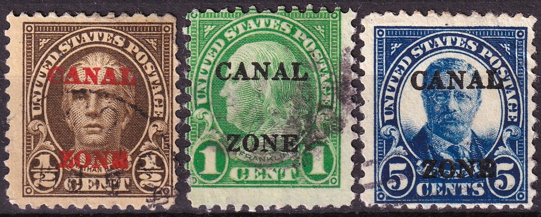 US 1924–1925 Canal Zone Overprints Scott 70 71 74 US Personalities: A historically interesting trio of Canal Zone overprints issued between 1924 and 1925 using United States definitive stamps portraying notable American historical figures. The set includes Scott 70 (&