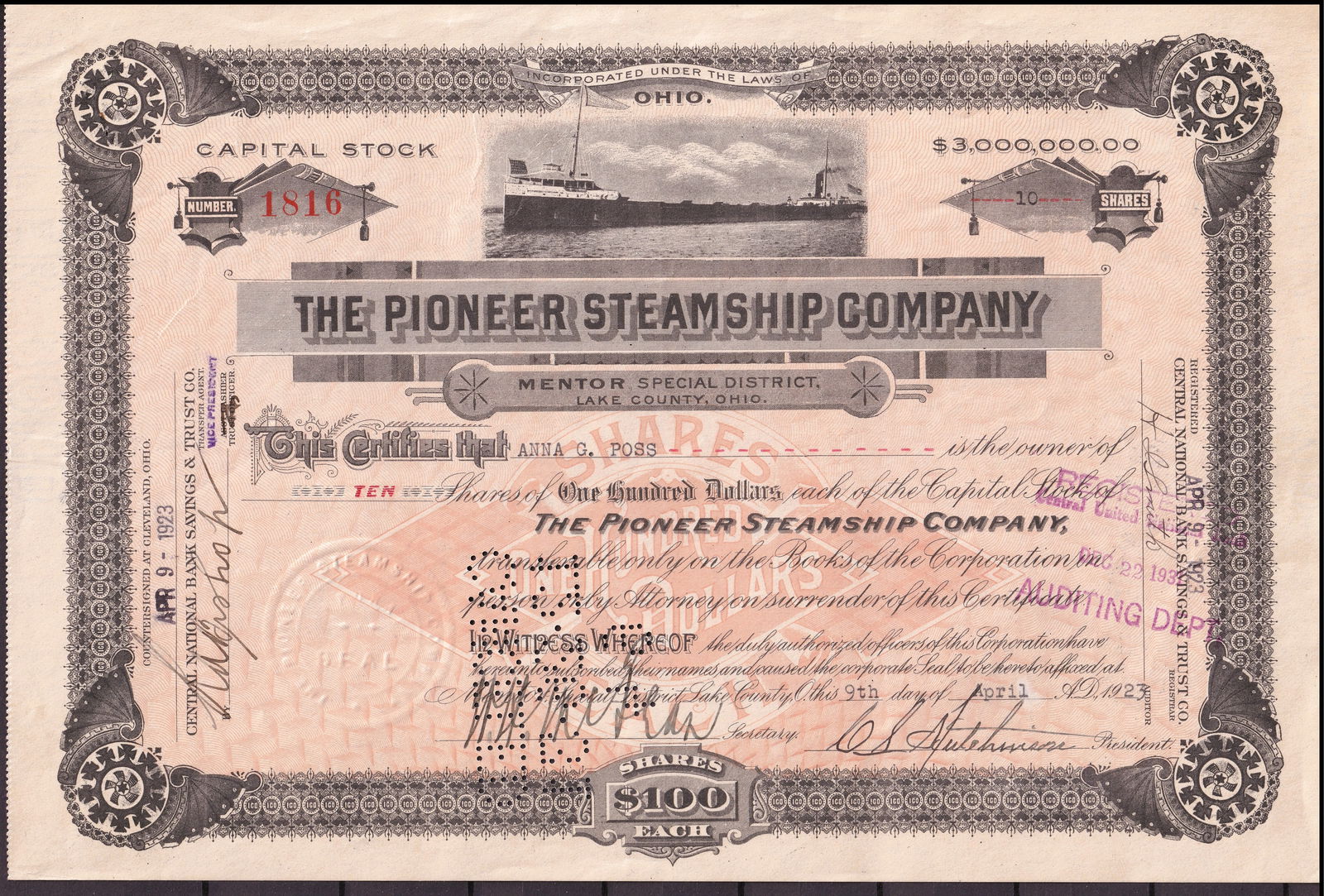 US 1923 Pioneer Steamship Company Ohio Stock Certificate Maritime (1 of 2)