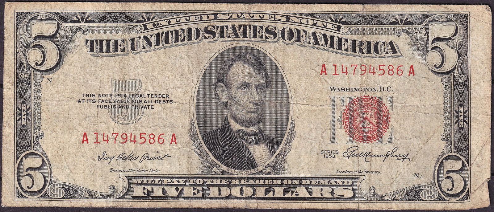 US 1953 United States Five Dollars Red Seal Note A14794586A Lincoln (1 of 2)