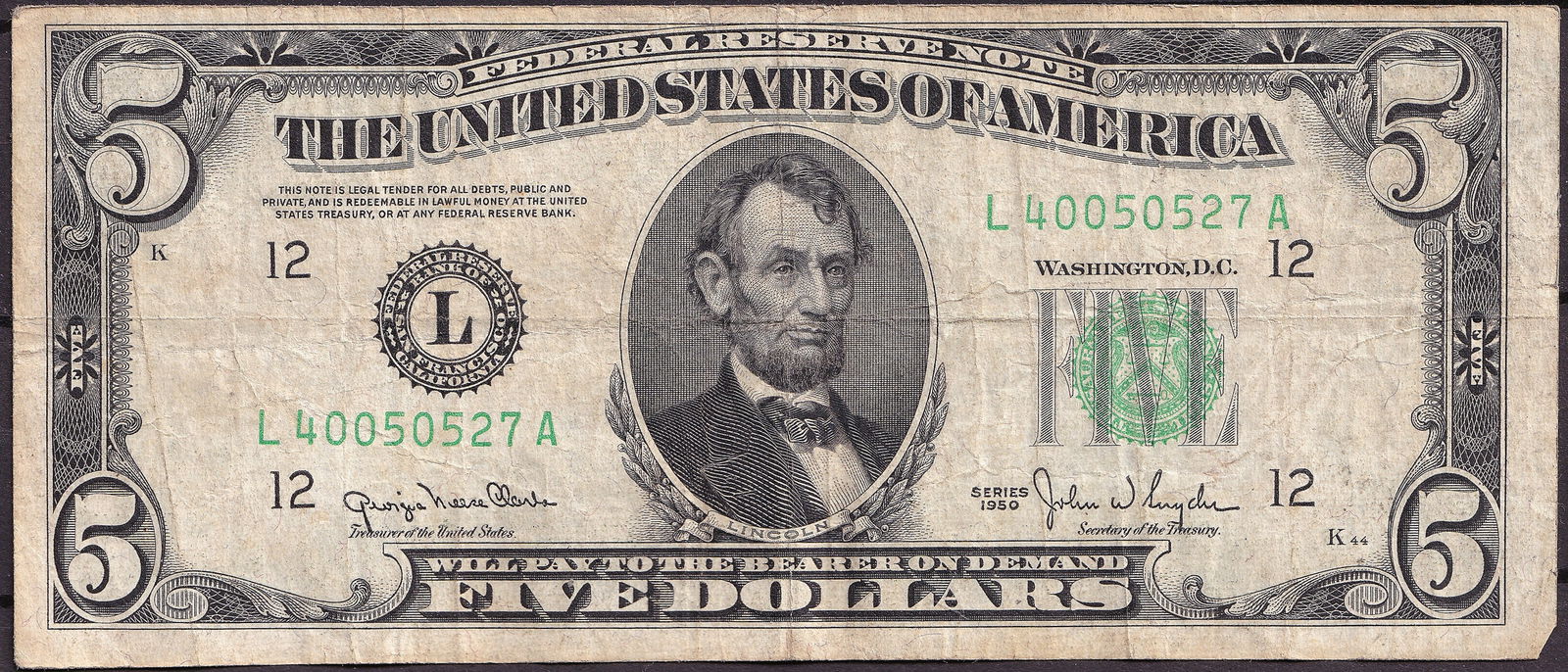 1950 United States Five Dollars Federal Reserve Note L40050527A (1 of 2)