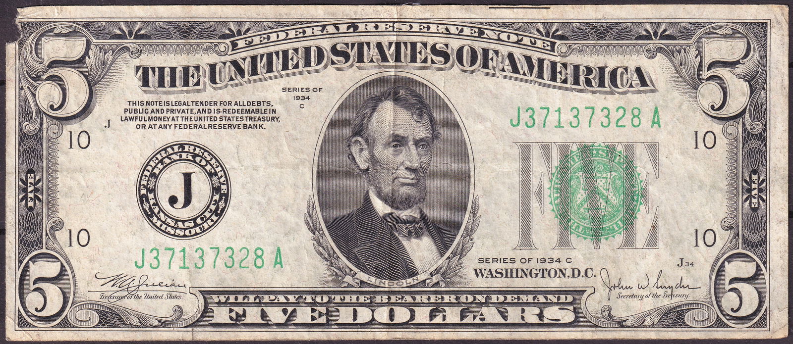 1934C United States Five Dollars Federal Reserve Note J37137328A (1 of 2)