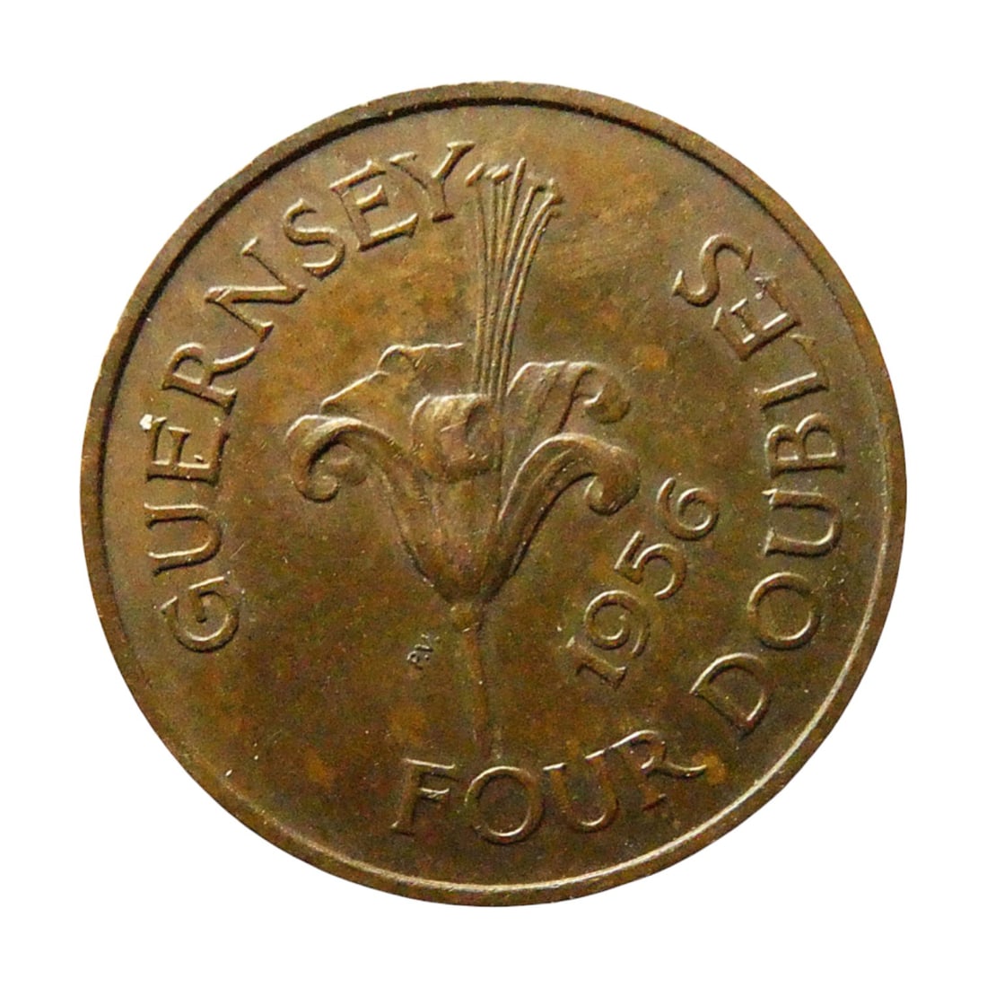 British Guernsey 1956 Four Doubles Bronze Coin with Crest and Lily: This Guernsey 1956 Four Doubles coin represents the enduring numismatic tradition of the Channel Islands. Struck in bronze with a diameter of 23.5 mm and weighing 4.6 grams, the coin features on its o