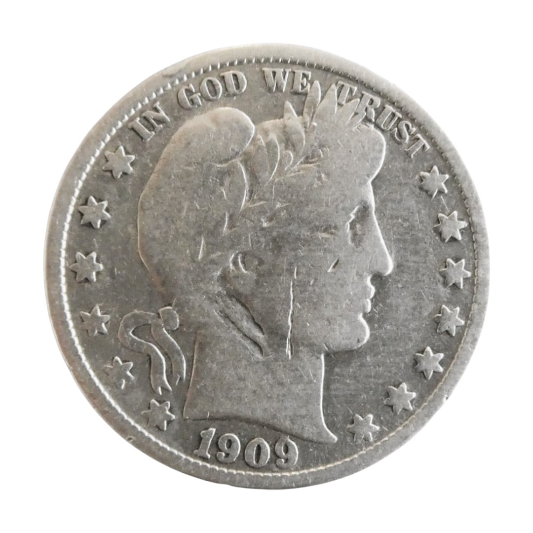 1909-S United States Barber Half Dollar, 90% Silver: This 1909-S Barber Half Dollar is part of the classic series designed by Charles E. Barber and minted from 1892 to 1915. Struck at the San Francisco Mint (as denoted by the ?S” mintmark on the r