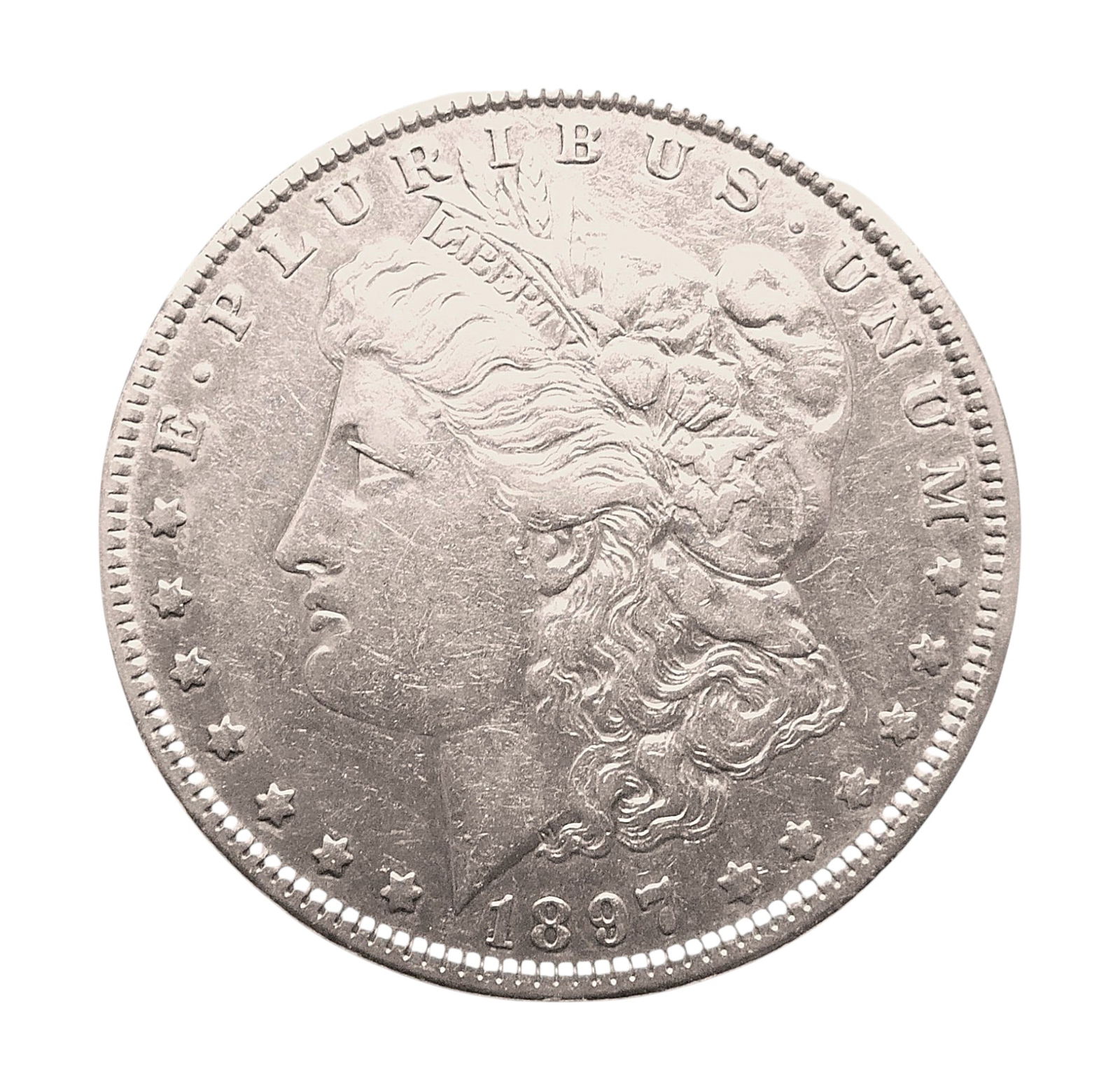 1897 Morgan Silver Dollar, No Mint Mark, Very Fine Condition: The 1897 Morgan Silver Dollar, a standout piece in American numismatics, features a striking design by George T. Morgan. Struck in 90% silver and 10% copper, this coin weighs 26.73 grams (approximatel