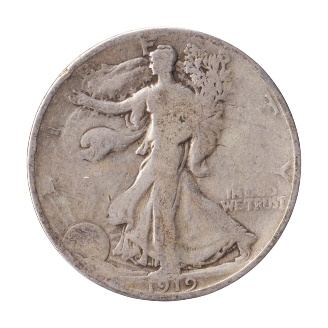 1919 Walking Liberty Half Dollar, Silver .900, Circulated Example: Issued in 1919, this Walking Liberty Half Dollar represents one of the most iconic coin designs in American numismatics, created by sculptor Adolph A. Weinman and struck during the interwar period. Th