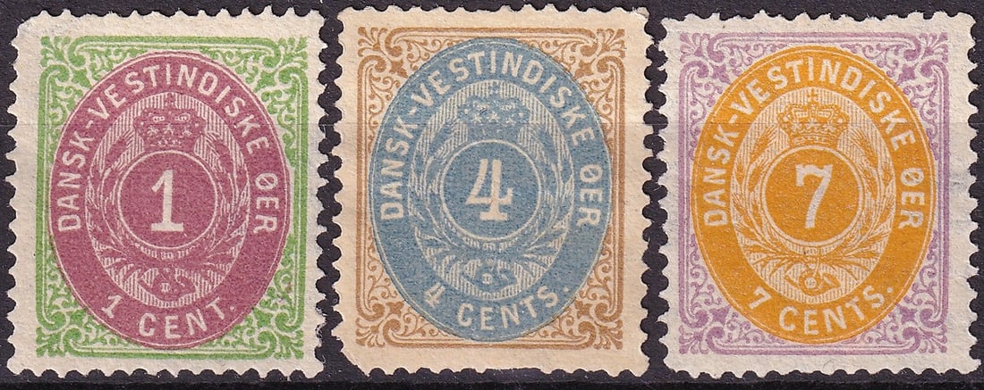 1873 1878 Danish West Indies Scott 5a 7 9a General Issues Trio MNH: A scarce and visually attractive trio from the classic General Issues of the Danish West Indies, comprising the 1 cent 1873 Scott 5a, the 4 cents 1878 Scott 7, and the 7 cents 1874 Scott 9a. These typ